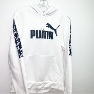Puma Hoodie sweatshirt, Adult size small, color white with black logo,